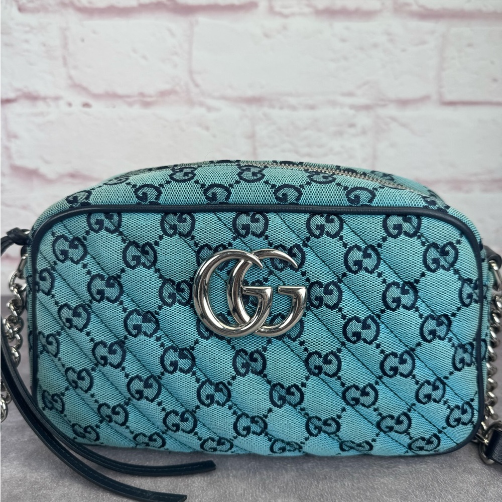 Gucci Monogram Blue Matelasse Diagonal Small GG Marmont Chain Shoulder Bag - Picture 2 of 16